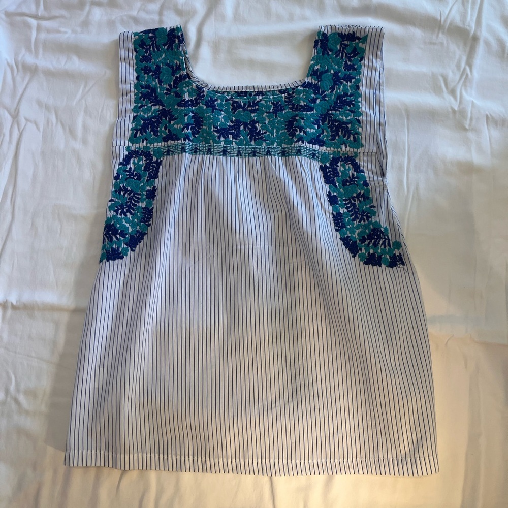 Blue and White Striped Sleeveless Top with Floral Embroidery